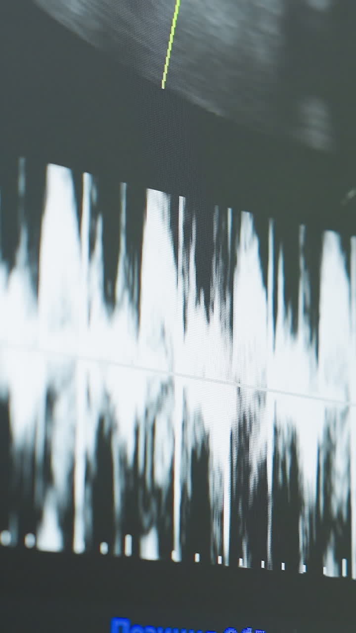 closeup ultrasound screen displaying Doppler waveform, color flow overlay and measurement line, highcontrast monitor shows spectral peaks while technician records blood velocity, cardiologist