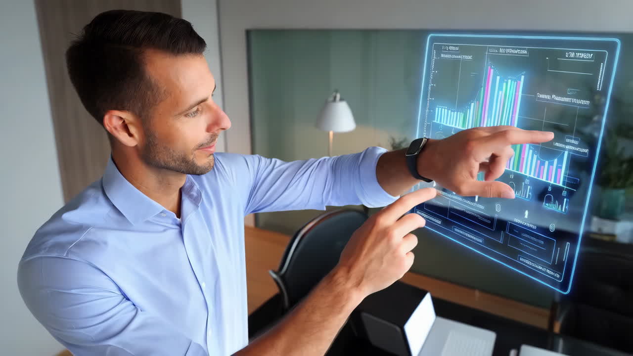 Businessman interacting with a virtual data display