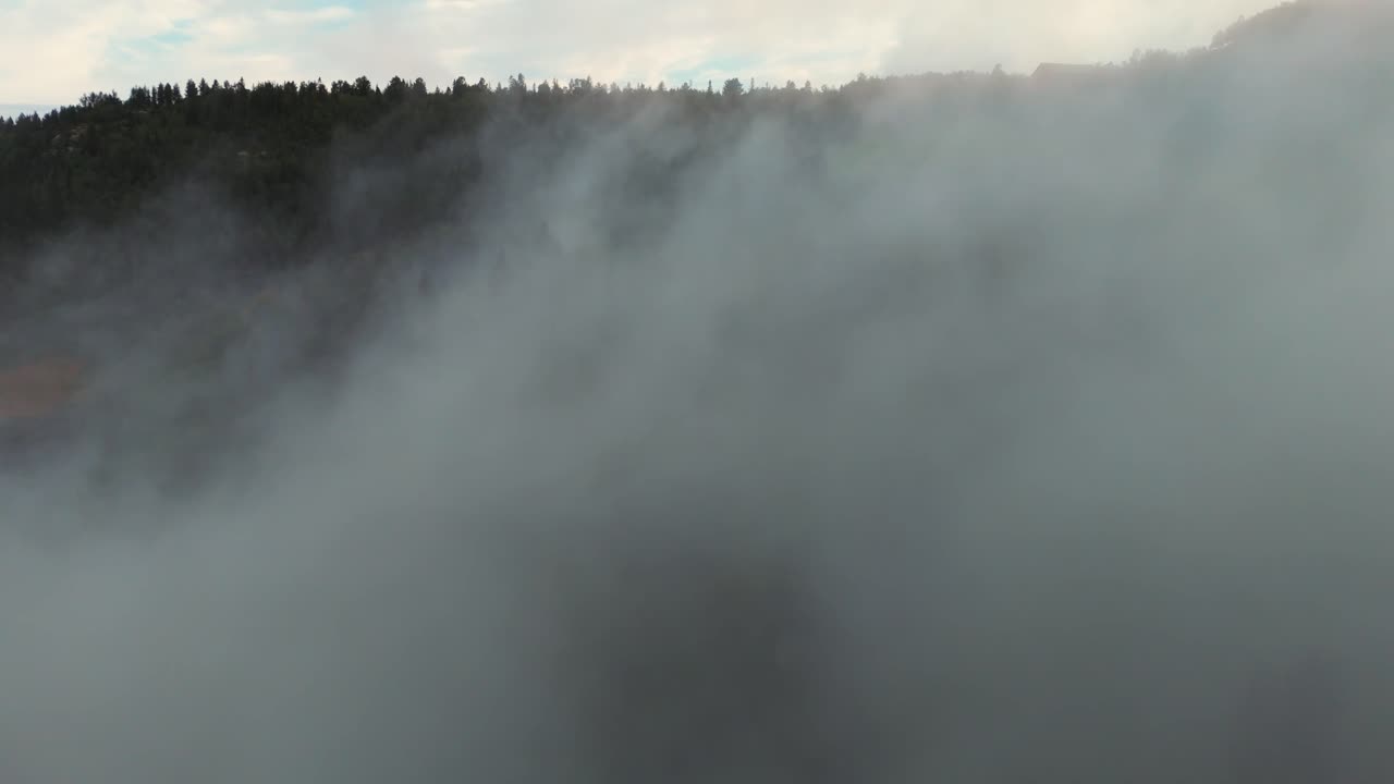 해가 뜨는 동안 울창한 숲을 가로질러 흐르는 두꺼운 안개를 포착하는 매혹적인 공중 풍경은 자연의 아름다움과 평온을 보여줍니다.
