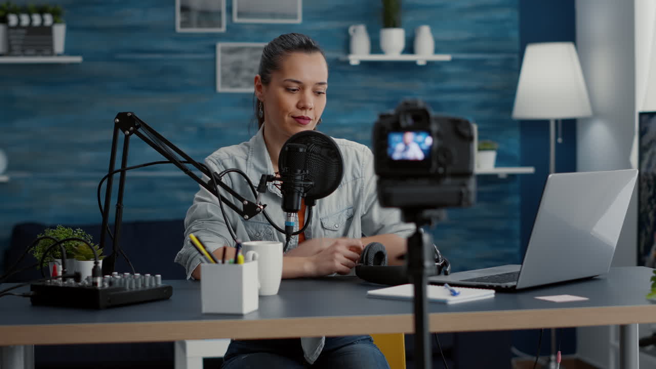 Creative content creator putting headphones on while recording vlog