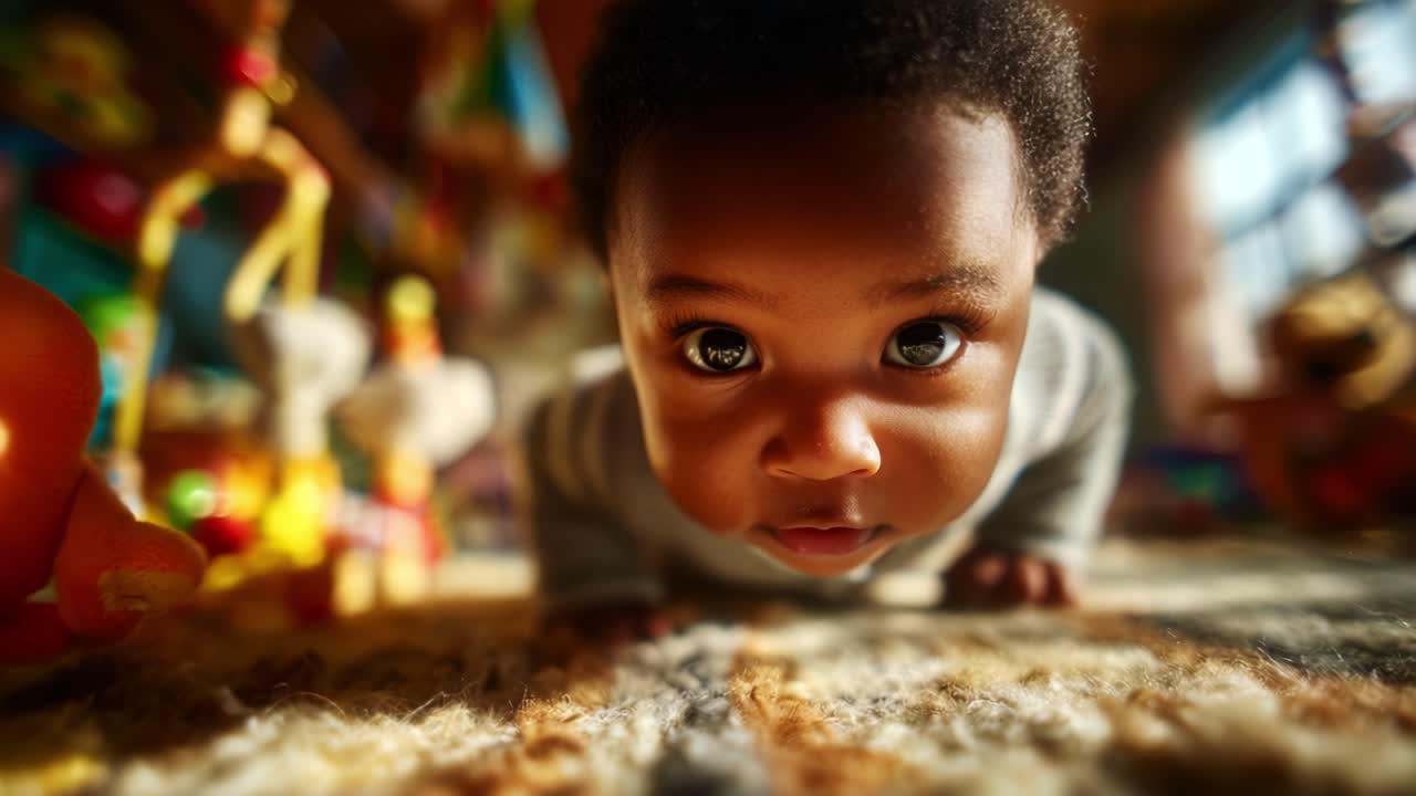 A cute baby exploring the world around them while crawling on a soft carpet filled with colorful toys in a warm and inviting playroom environment, showcasing curiosity and growth