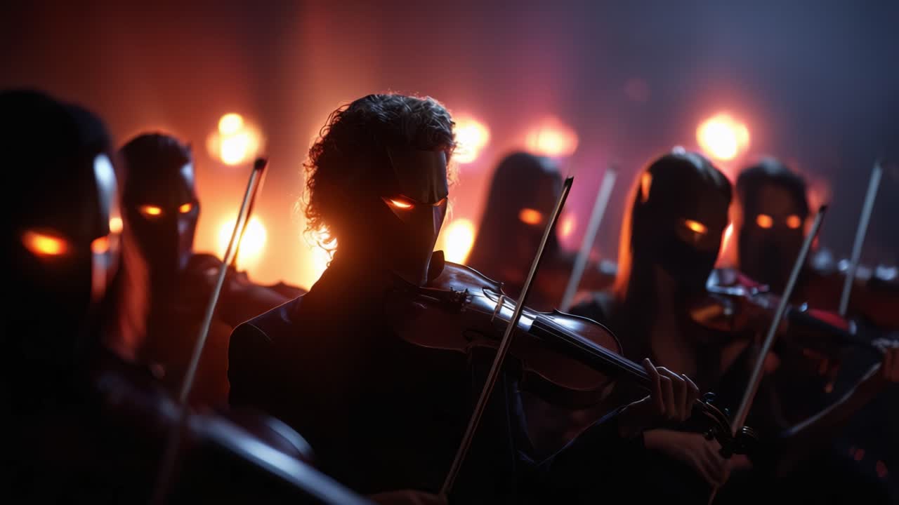 Une mystérieuse performance orchestrale met en scène des musiciens masqués aux yeux lumineux, créant une atmosphère énigmatique d'intrigue et de suspense grâce à une musique puissante.