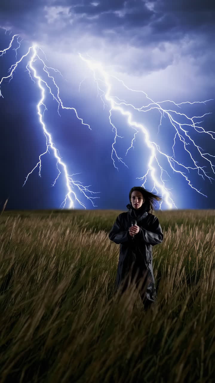 Woman in a field during a powerful thunderstorm