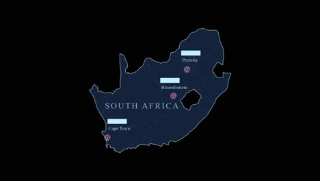 south africa blue map with pretoria capital city and geographic coordinates on black background