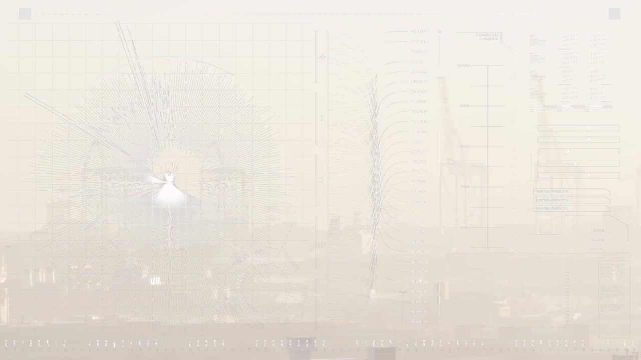 市街地の空撮映像を背景に、データ処理を行うインターフェースのアニメーション