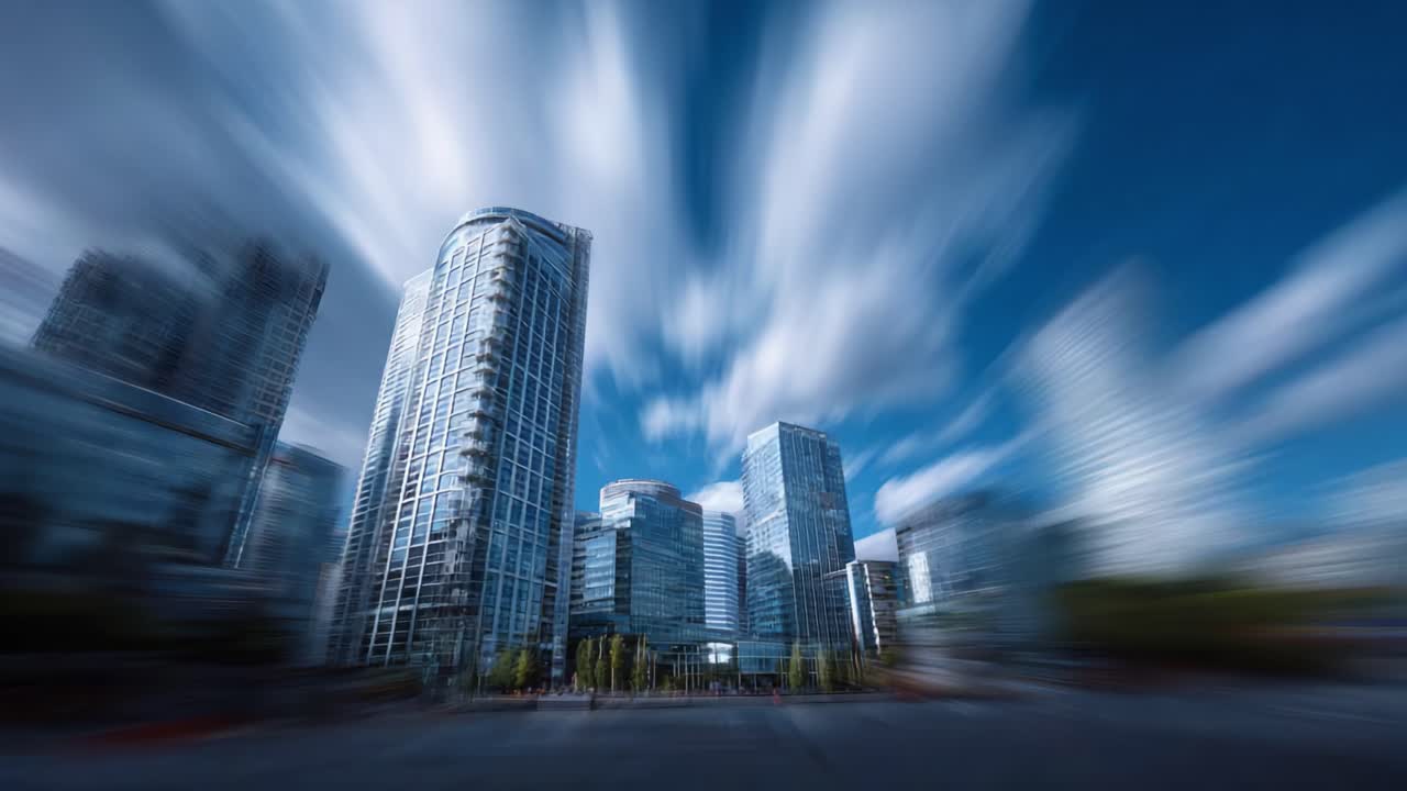 A stunning view of modern skyscrapers reflecting the sky, showcasing contemporary architecture and the vibrant energy of an urban cityscape under dynamic cloud formations