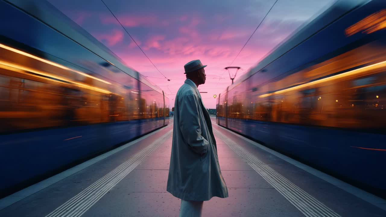 A solitary figure stands still at a transit station, surrounded by the vibrant hues of a dramatic sunset, as trains rush by on either side, evoking a sense of motion and stillness intertwined
