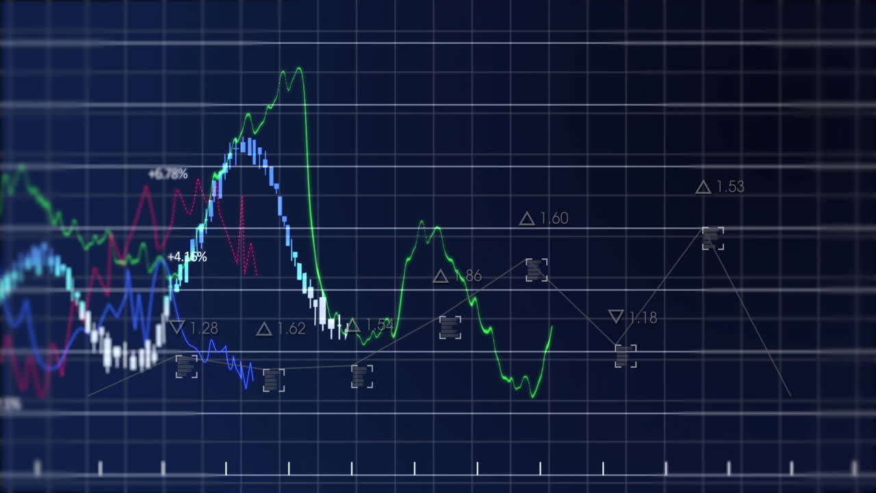 Animation of financial data processing on grid over black background