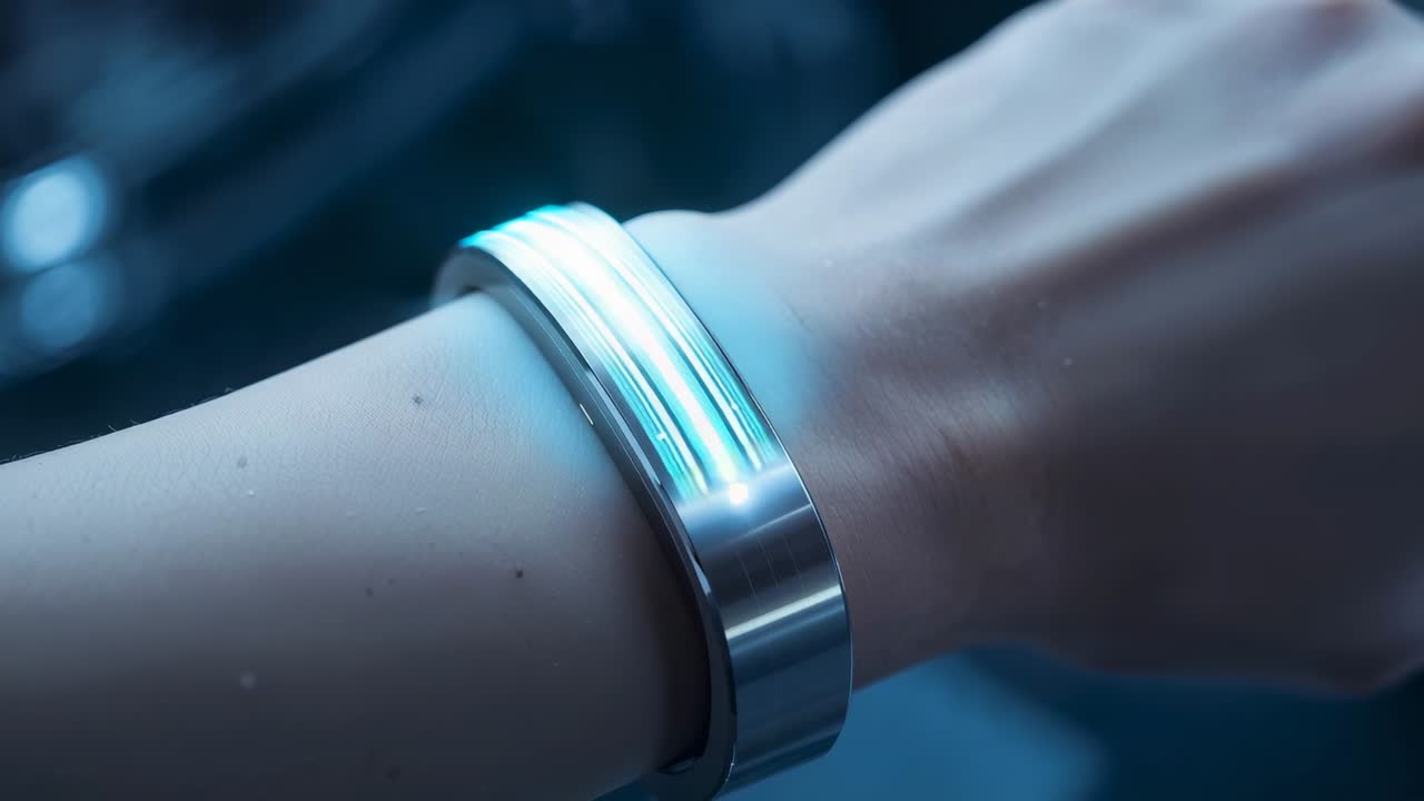 Starting from metal bracelet, cyan glow forming rings around adult wrist in dim cabin showing moles