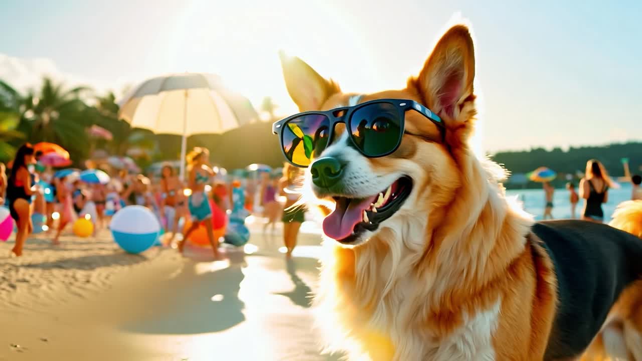 un perro feliz con gafas de sol en la playa