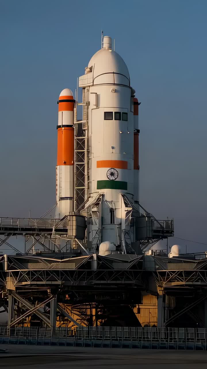 Vertical video: Shot starting moving camera toward rocket core on pad, revealing Ashoka Chakra