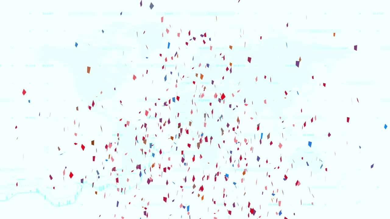 Animation of falling colorful confetti shapes over white background