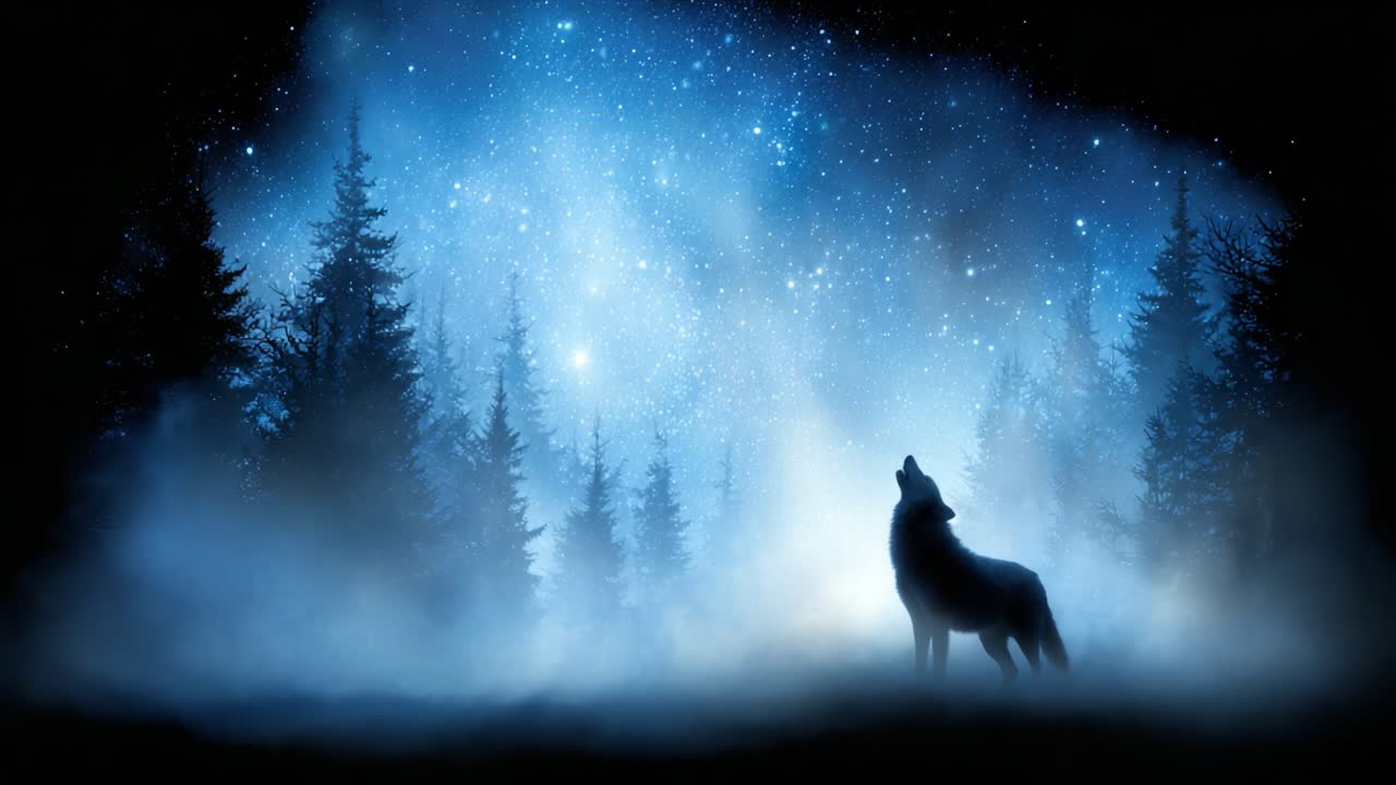 A majestic wolf howls at the starry night sky, surrounded by ethereal mist and silhouetted evergreen trees, capturing the essence of wilderness and the beauty of nature