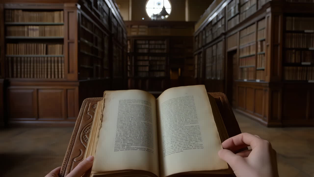 Hands Flipping Pages of an Old Book in a Grand Library