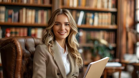 portrait of a confident businesswoman in front of a bookshelf