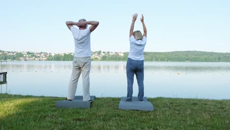rear view of senior pensioner couple by lake in nature doing exercise rear view of senior pensioner couple by lake in nature doing exercise fitness sport friendship and lifestyle concept
