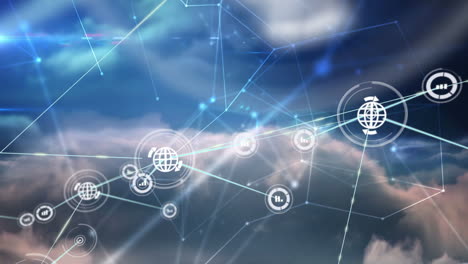 animation of network of connections with icons over sky with clouds