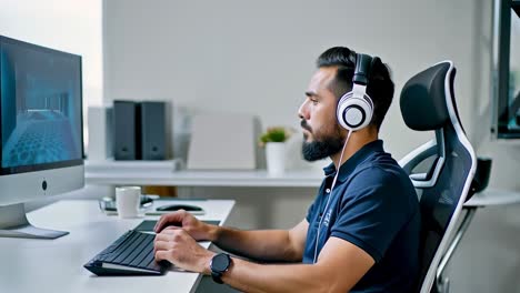Young Indian man wears headphones and works with desktop computer