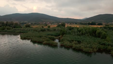 tranquil scenery at lake trasimeno with reeds and green vegetation during sunrise, fields and mountains in the background - aerial drone shot