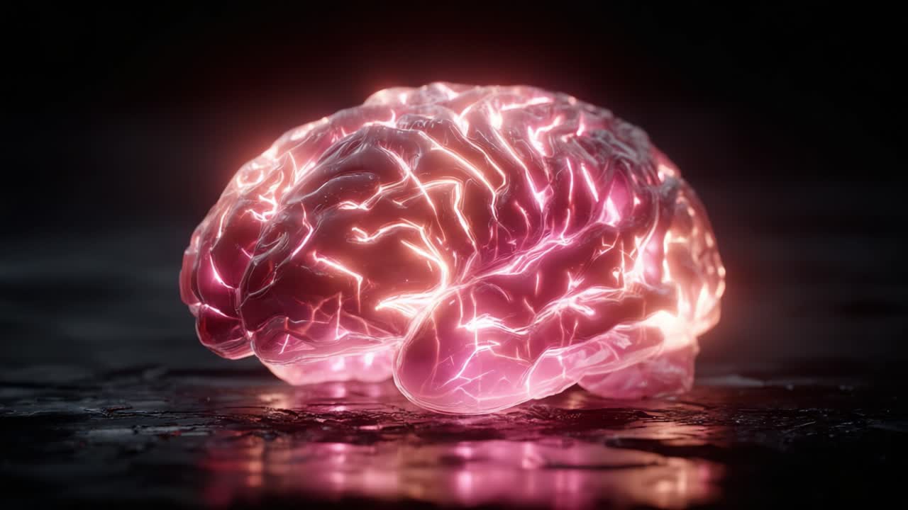 Una visualizzazione affascinante di un cervello illuminato da luce pulsante, che evidenzia la complessità delle connessioni neurali in un'esposizione ipnotizzante di colori ed energia.