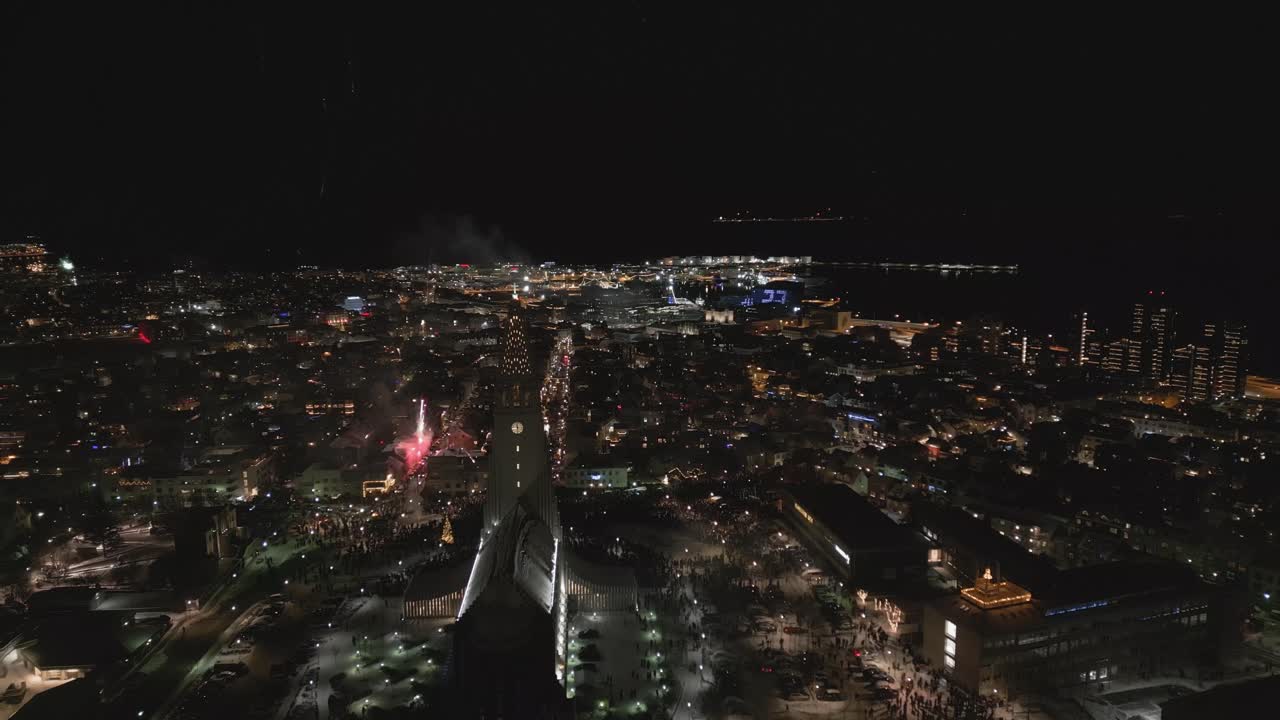 Aerial view of Reykjavik downtown celebration of New Year's eve, midnight in the capital of Iceland