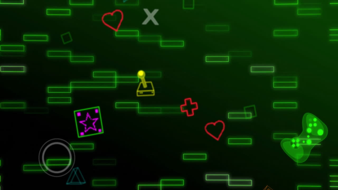 Animation of neon gaming icons over green shapes moving