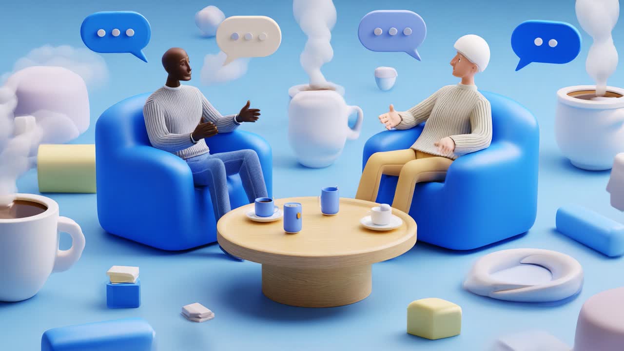 Engaging Dialogue Between Diverse Characters in a Cozy Setting Amidst Whimsical Decor and Soft Colors, Emphasizing Communication and Connection in a Relaxing Atmosphere