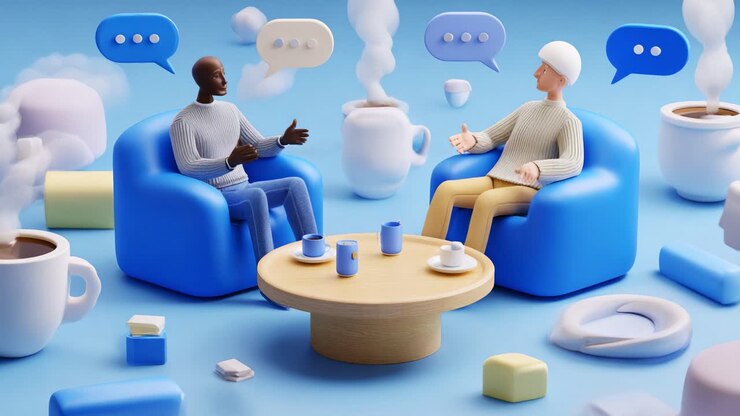 Dialogo coinvolgente tra diversi personaggi in un ambiente accogliente, tra decorazioni stravaganti e colori tenui, che enfatizza la comunicazione e la connessione in un'atmosfera rilassante
