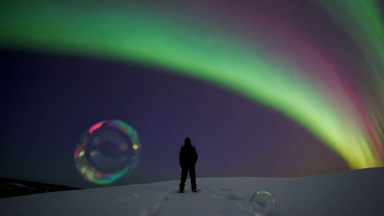silueta de una persona bajo la aurora boreal con burbujas de jabón