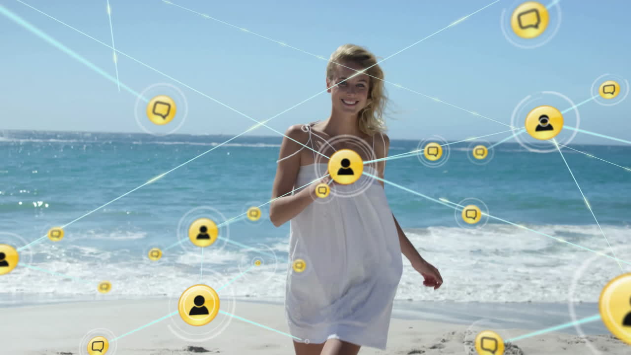 해변에서 미소 짓는 백인 여성에 대한 사람들과의 연결 네트워크의 애니메이션 아이콘
