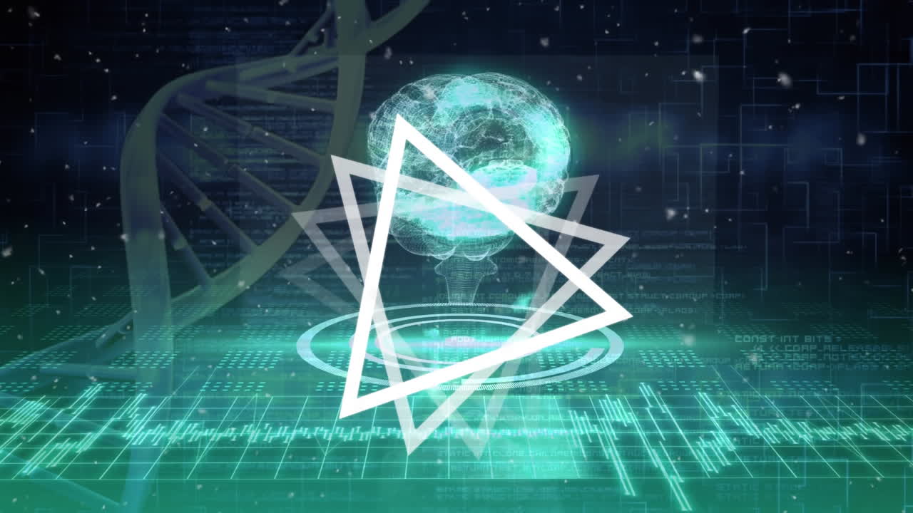 animación de triángulos giratorios, hélice de adn, cerebro digital sobre círculo y base de datos y ondas sonoras
