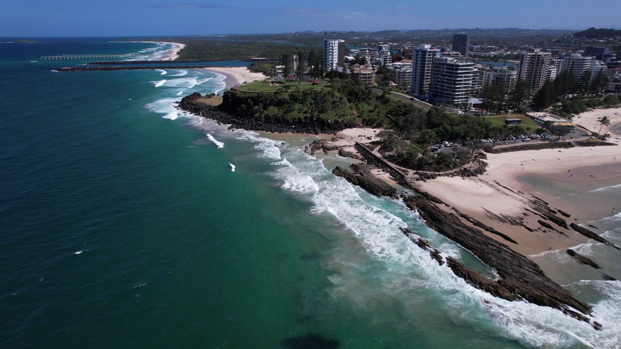 Waves Splashing At Snapper Rocks In Coolangatta, Queensland, Australia - Aerial Shot