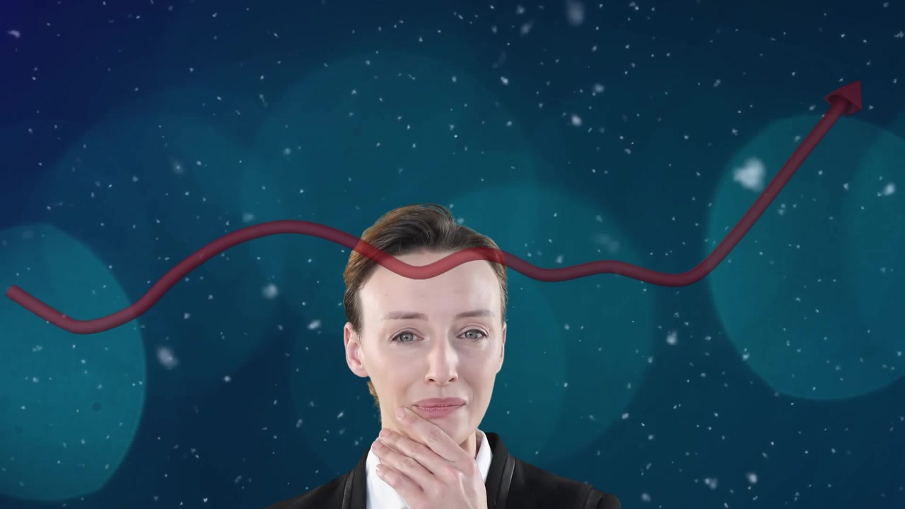 Una donna d'affari davanti a uno schermo verde con frecce grafiche in movimento sullo sfondo.