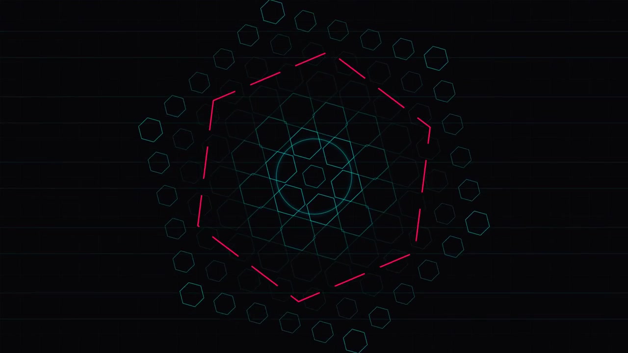 Animazione di un motivo geometrico astratto a esagoni su sfondo scuro