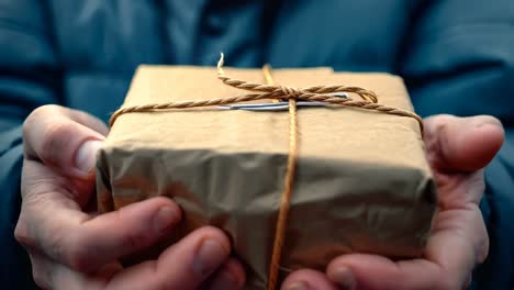 a person holding a brown paper wrapped present in their hands