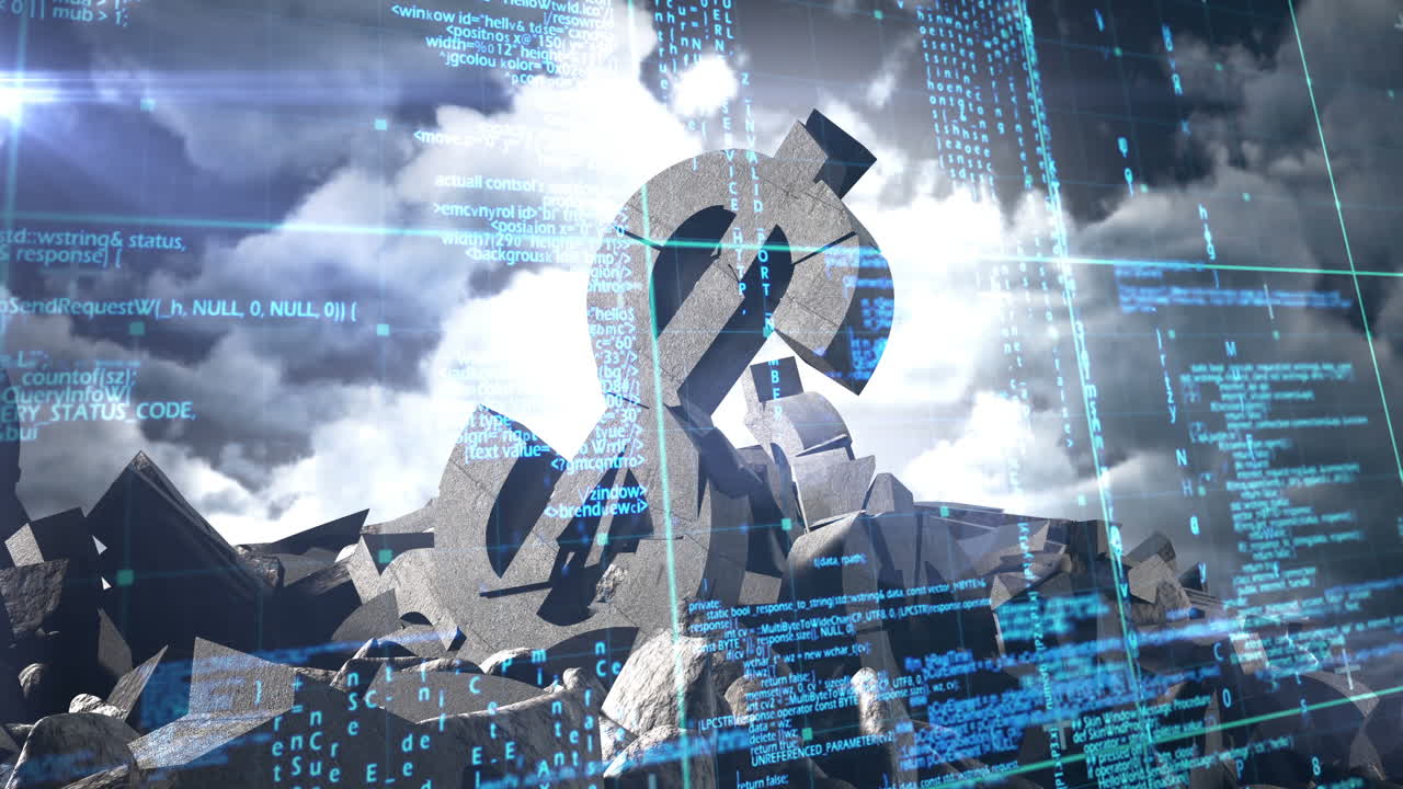 미래 지향적 인 디지털 스크린 에 대항 하여 붕괴 된 달러 기호