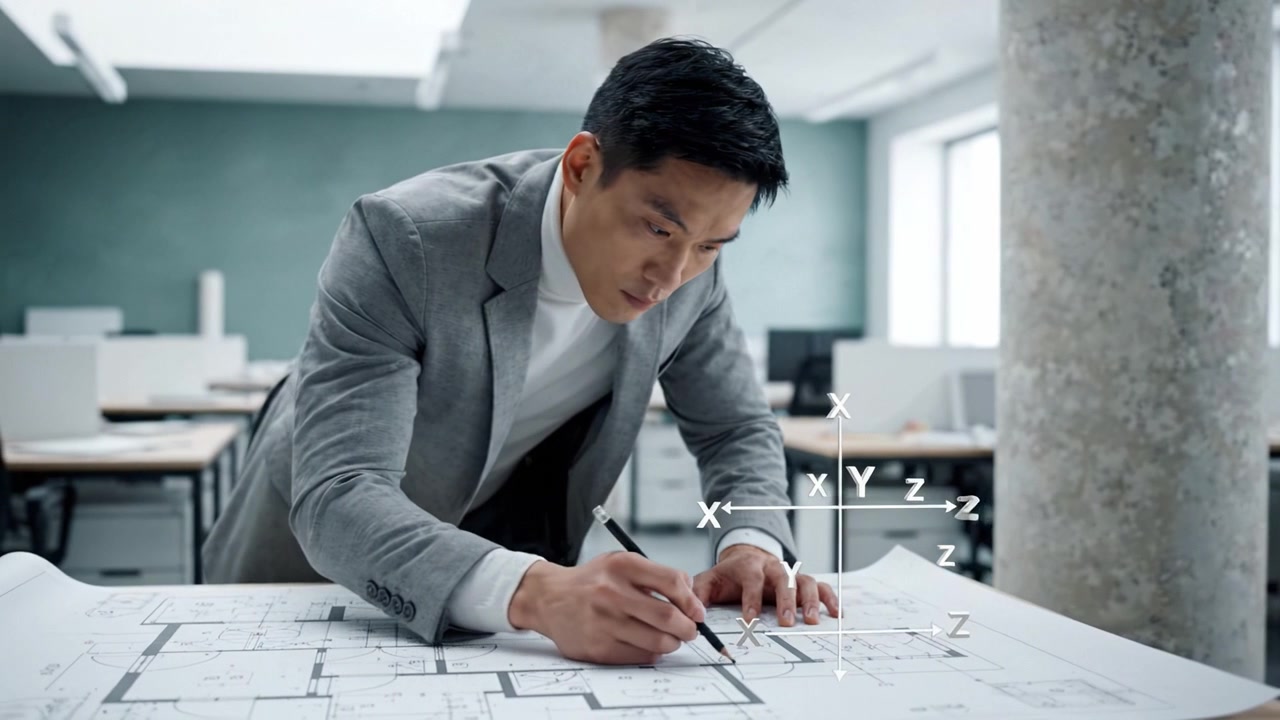 Architect Engaged in Detailed Design Process with Blueprints and 3D Renderings in Modern Workspace, Illustrating Innovation in Architectural Planning