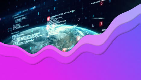 animation of purple wave over data processing and rotating globe, on black background