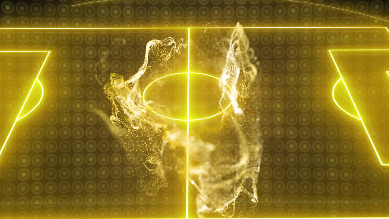 디지털 배경 위에서 축구장 애니메이션을 형성하는 반이는 노란색 선과 입자