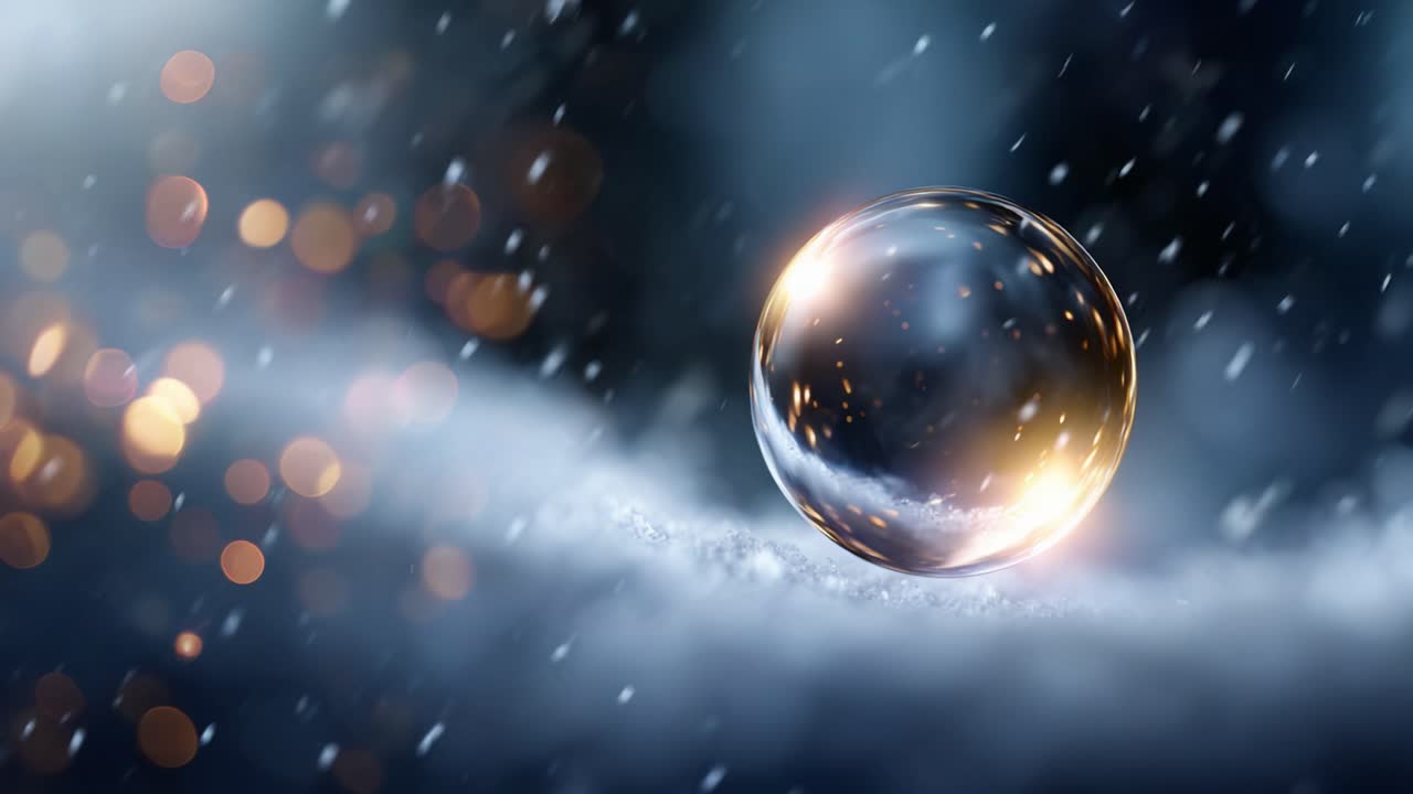 A Gleaming Bubble on Soft Snow amidst Glimmering Lights and Falling Snowflakes, Capturing the Essence of Winter's Beauty in a Magical Setting