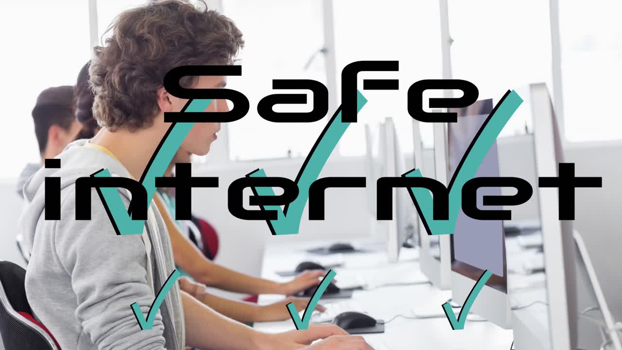 Animation of safety internet text over diverse people using computers