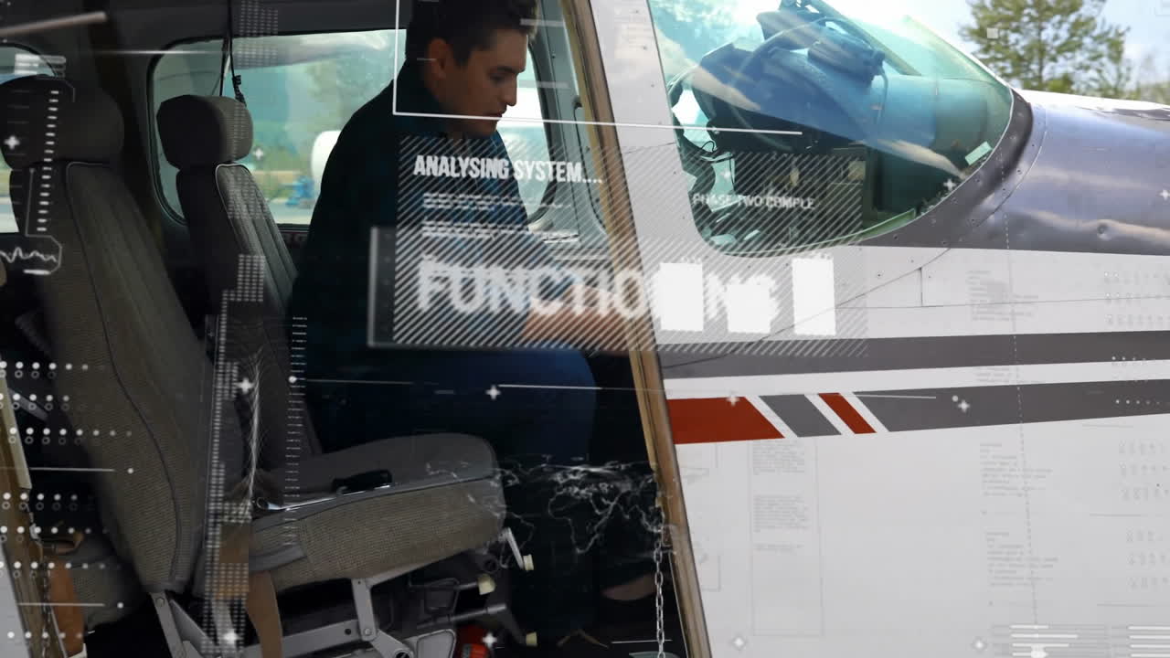 항공기에서 백인 남성 조종사에 대한 데이터 처리 및 다이어그램의 애니메이션