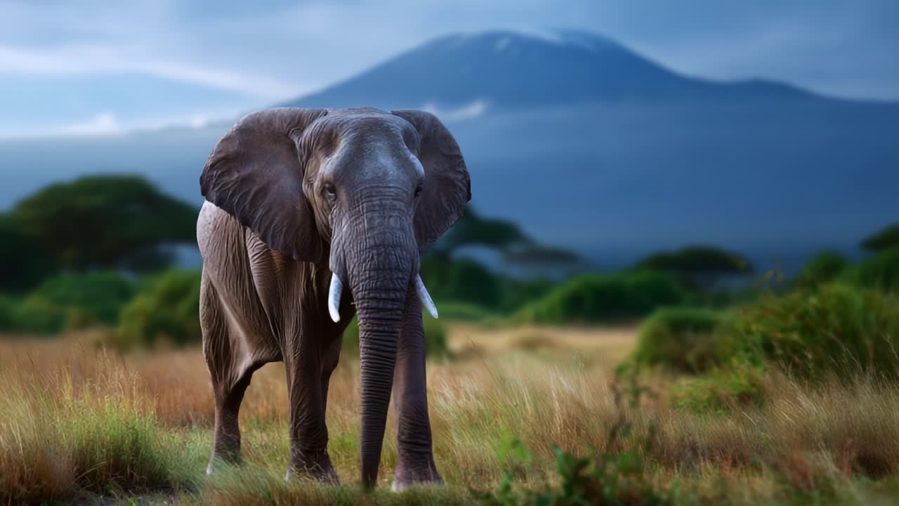 Majestic African Elephant Strolling Through Lush Savanna Under Magnificent Mountain Aesthetic, Capturing the Essence of Wildlife in Natural Habitat