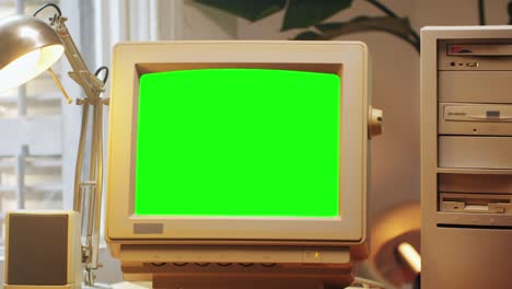 retro pc computer gaming, desktop vintage with loading code console, programmer making scripts, green basic screen, old computer studio close-up, retro wave display, late 90s pc.