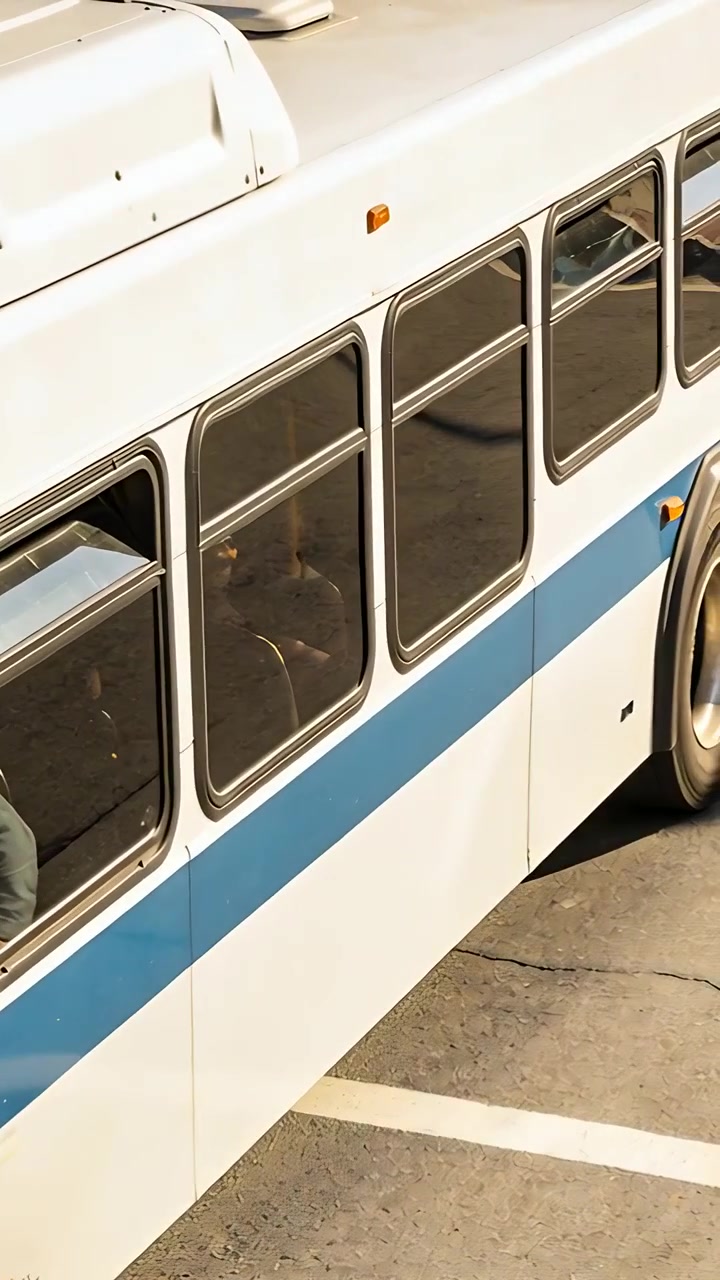 Vertical video: Entering frame, white bus with blue stripe moving right at lot, rider holding phone