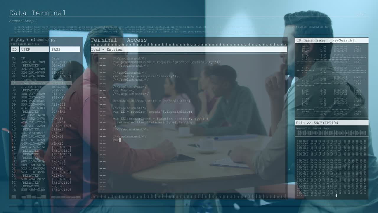 2 men leading business meeting, team gesturing, discussion starting terminal overlay analyzing data