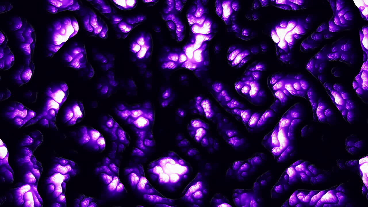 Dynamisk glødende lilla organisk tekstur med flydende cellestrukturer og mørke tomrum, ideel som en abstrakt sci-fi baggrund til teknologi, musikvisuals, motion design og kreative videoprojekter