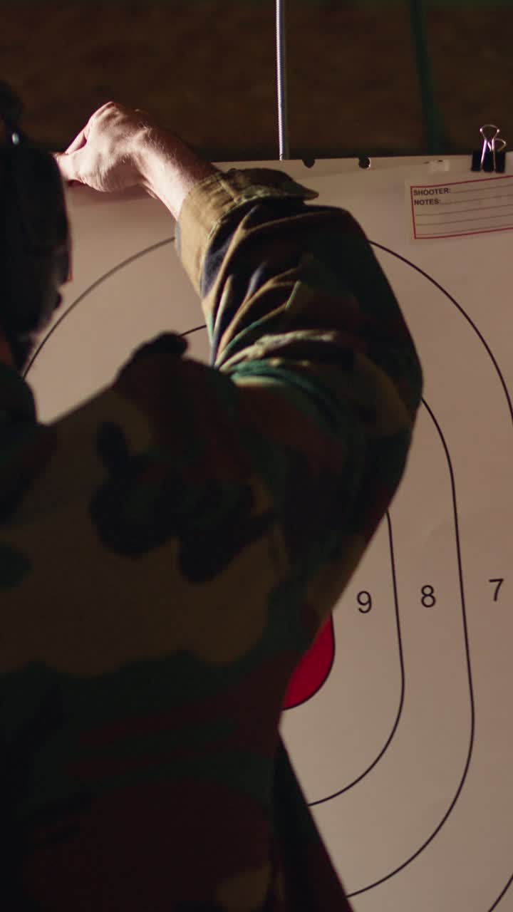 Vertical video Man in firing range shooting targets with pistol, wearing earmuffs