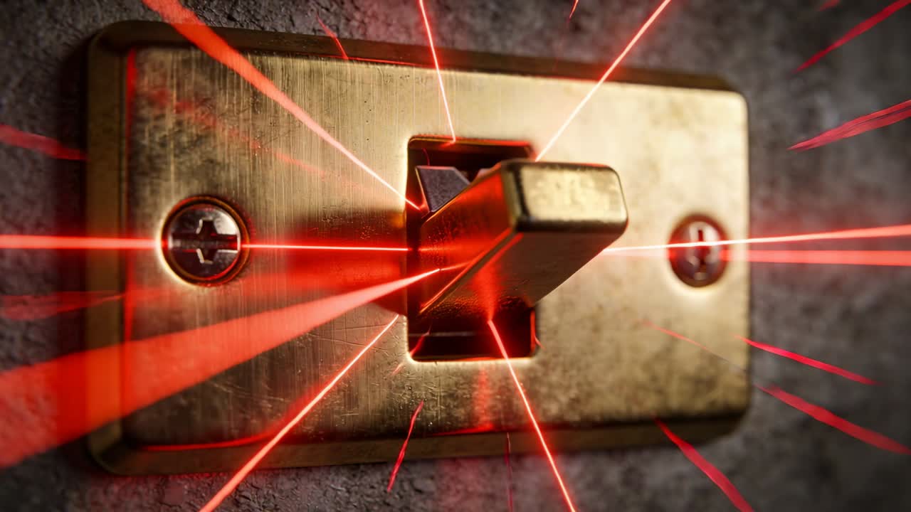 Interruttore a levetta in ottone che si inclina manualmente in una demo tecnologica, rivelando un riflettore che riflette raggi laser rossi.