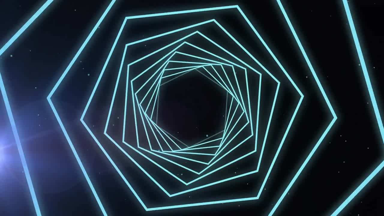 formas hexagonales que giran en movimiento sin costuras contra un punto de luz sobre un fondo negro
